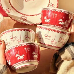 SÉT 4 BÁT KÈM 4 THÌA SỨ HOẠ TIẾT NGỰA GỒM 2 TRẮNG , 2 ĐỎ 19 3