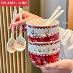 SÉT 4 BÁT KÈM 4 THÌA SỨ HOẠ TIẾT NGỰA GỒM 2 TRẮNG , 2 ĐỎ 19 9