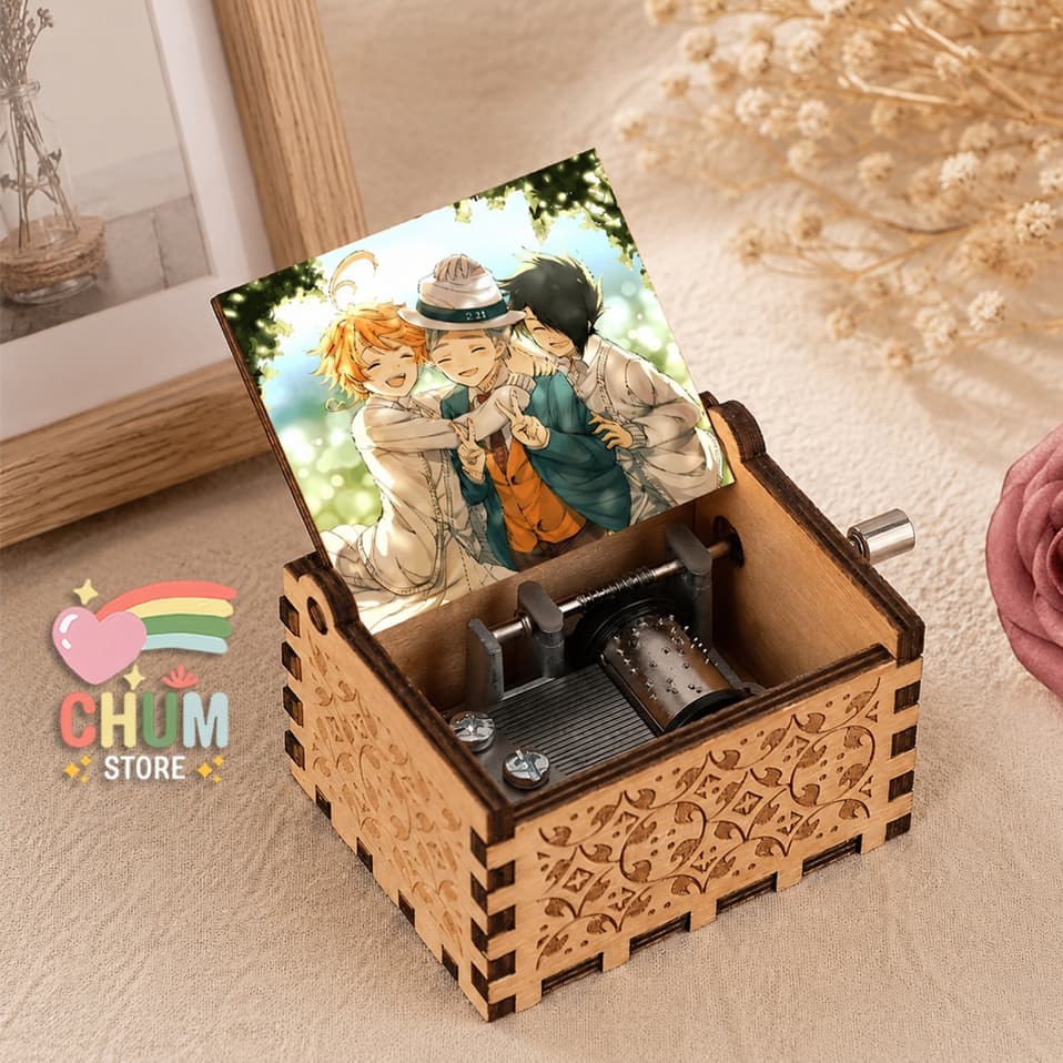 Hộp Nhạc Gỗ Mini in hình Miền Đất Hứa The Promised Neverland - Music box xinh xắn Quà Tặng Fan Anime Cao Cấp