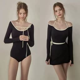 [Hoả Tốc Sẵn] Đồ Bơi,Bikini Dài Tay Đen Liền Thân Viền Cổ Trắng Kèm Chân Váy 1