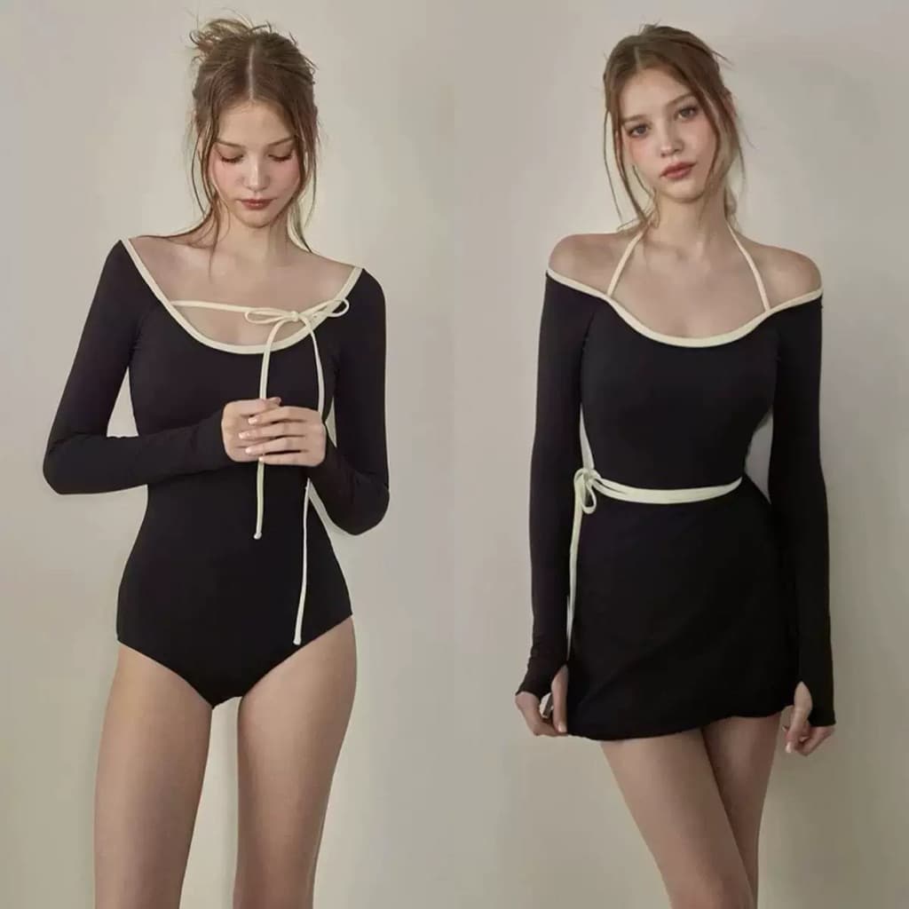 [Hoả Tốc Sẵn] Đồ Bơi,Bikini Dài Tay Đen Liền Thân Viền Cổ Trắng Kèm Chân Váy