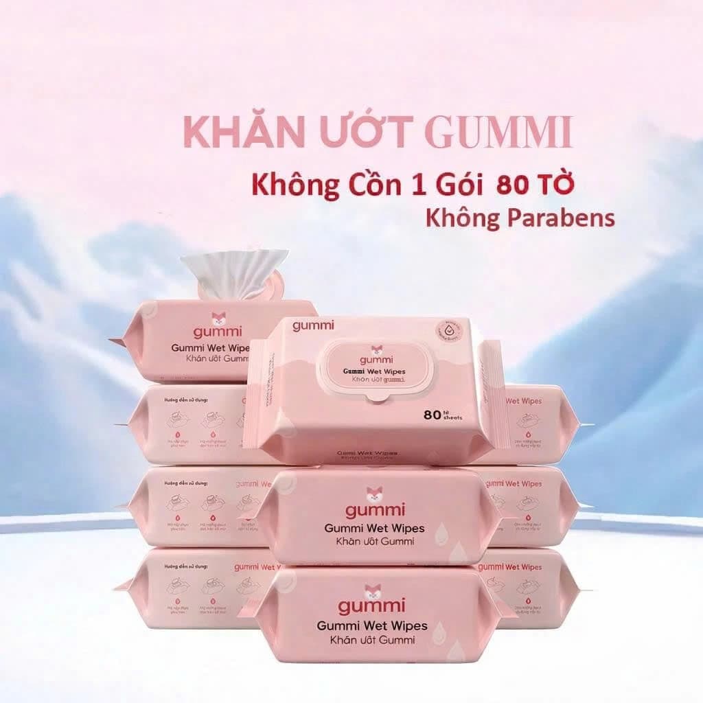 Thùng 10 gói khăn ướt GUMMI 80 tờ không cồn,không parabens,cao cấp dành cho em bé cực kì an toàn