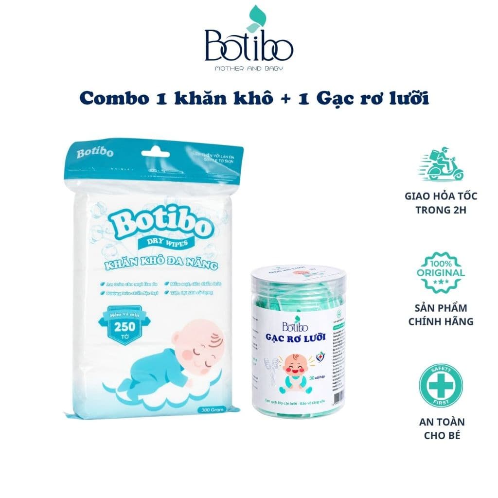 [ COMBO THƯỜNG DÙNG ] Gạc rơ lưỡi + giấy khô đa năng botibo kids cho bé an toàn tiết kiệm tiện lợi Botibo kids