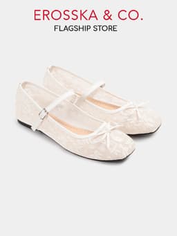 EROSSKA - Giày nữ ballet core lưới quai ngang phối nơ màu trắng kiểu dáng basic màu kem  - EL085 18