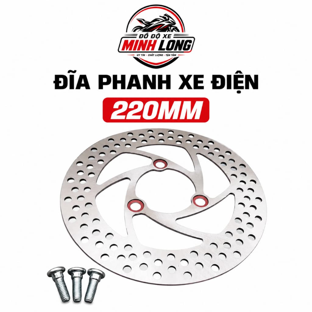 Đĩa xe điện đĩa phay 220mm hàng cao cấp, đĩa phanh xe điện 3 lỗ kèm ốc dày dặn cứng cáp