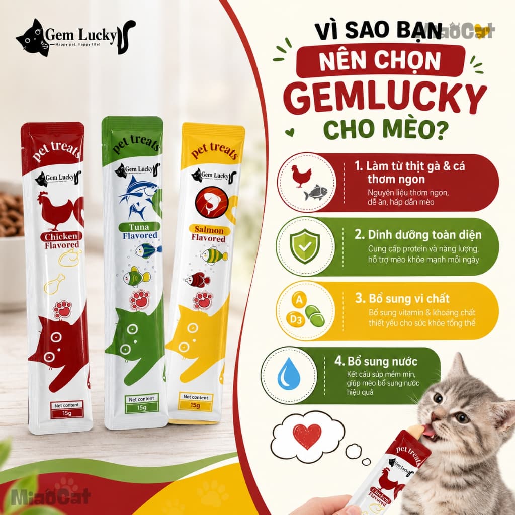 [COMBO 50/100/200] Súp Thưởng Dinh Dưỡng GEMLUCKY Cho Mèo, Vị Gà, Cá Hồi, Cá Ngừ