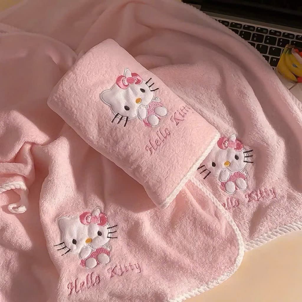Set 2 khăn tắm khăn mặt Hello Kitty xinh xắn siêu mềm mịn thấm hút - Bộ 2 món khăn mặt & khăn tắm Hello Kitty cute
