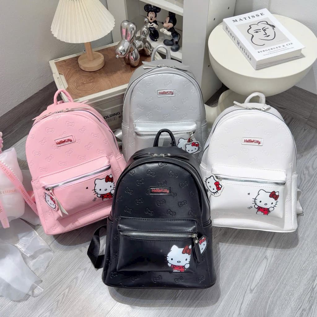 Balo đi học đi chơi hoạ tiết kitty in nơ chất da PU size 40 to rộng đựng vừa sách vở - laptop ( ảnh thật shop chụp )