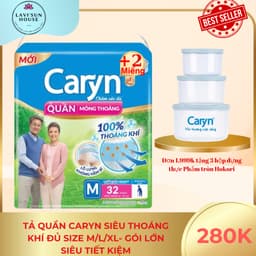 [TẶNG 2 MIẾNG]Tã quần caryn mỏng nhẹ L28 ,M32 , XL 24 miếng- siêu mỏng thoáng, chống tràn, dễ mặc 1