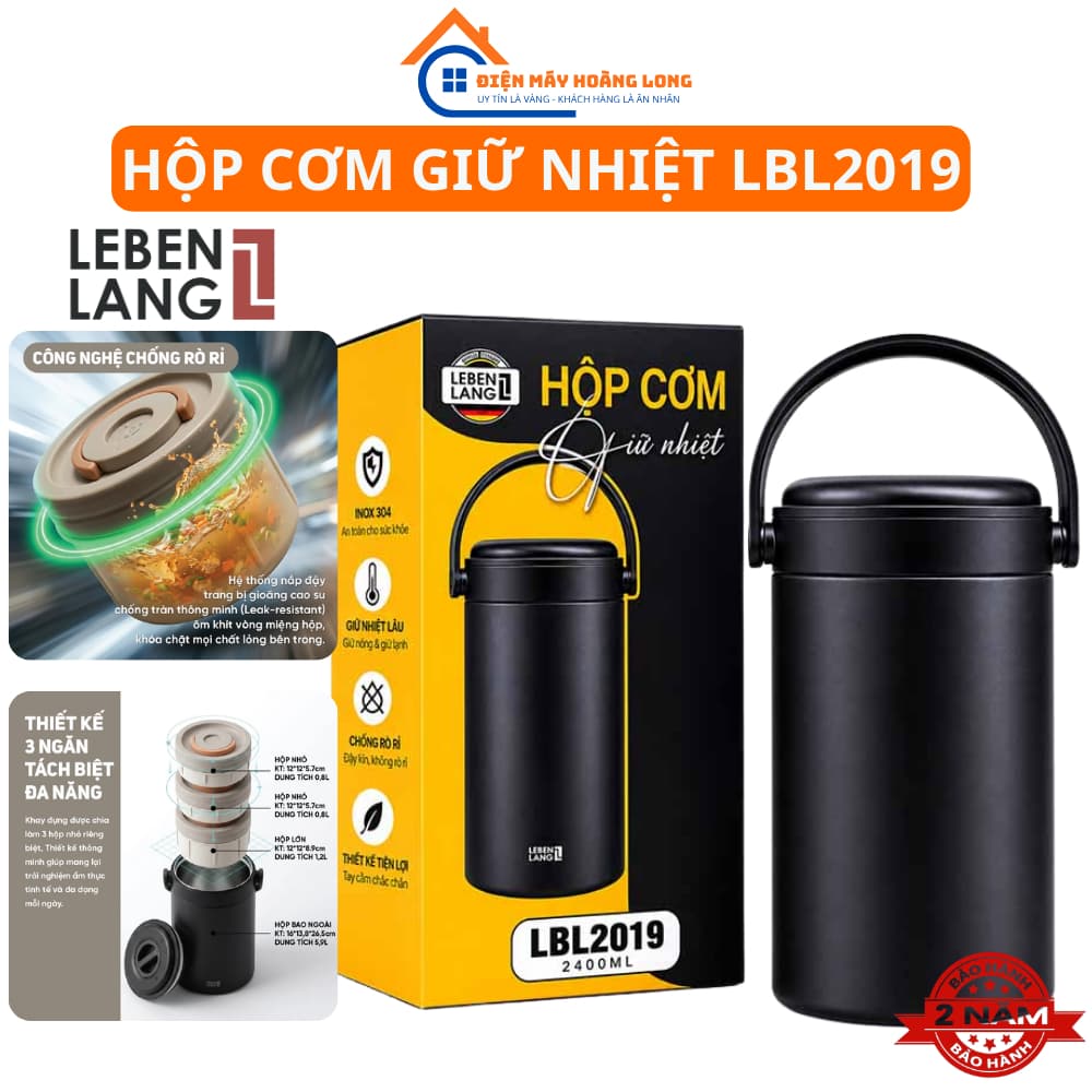Hộp Cơm Giữ Nhiệt Lebenlang Đức LBL2019 Inox 304 3 Tầng 2400ml Giữ Nóng 6-8H Chống Tràn An Toàn