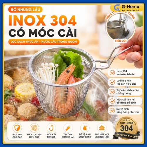 Rổ Nhúng Lẩu Có Móc Cài Vào Nồi, Giỏ Vớt Đồ Ăn Nhúng Mì, Nhúng Thịt Inox Kích Thước 11Cmx9.5Cm