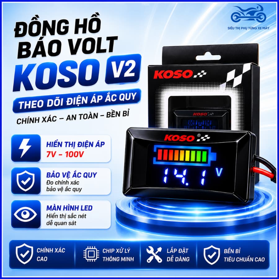 Đồng Hồ Báo Volt Koso V2 7-100V Kèm Pat Gắn Hiển Thị Phần Trăm Pin Chính Xác Dễ Lắp, Đồng Hồ Giúp Theo Dõi Điện Áp