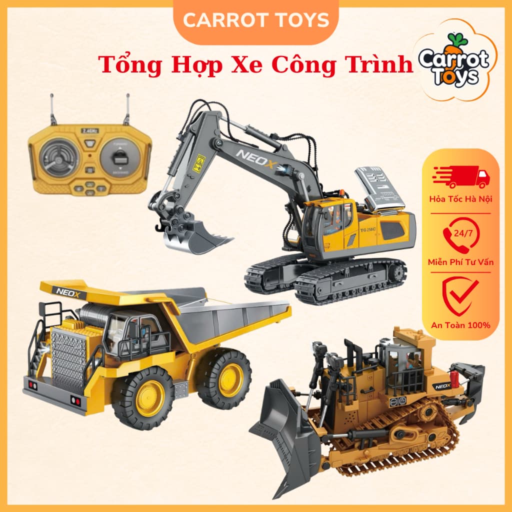Xe Công Trình Điều Khiển Từ Xa - Xe Cuốc, Máy Xúc, Ben, Ủi, Xúc Lật 6,9,11,13 Kênh (Pin Sạc,Gàu Sắt)