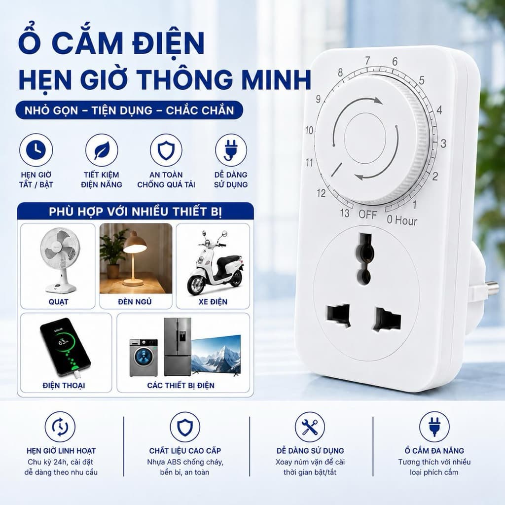Ổ cắm hẹn giờ tắt MT01D 16A 230V dùng để sạc điện thoại và xe đạp điện an toàn - ổ cắm điện hẹn giờ tự động ngắt điện