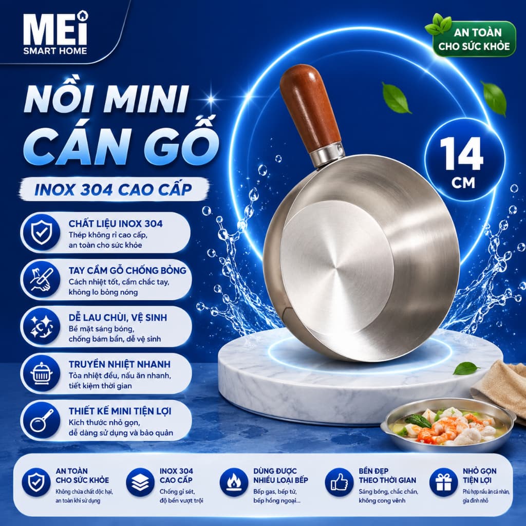 Nồi mini inox cán gỗ chống bỏng, tay cầm chắc chắn, nấu mì, đun sữa, dùng bếp gas & bếp từ