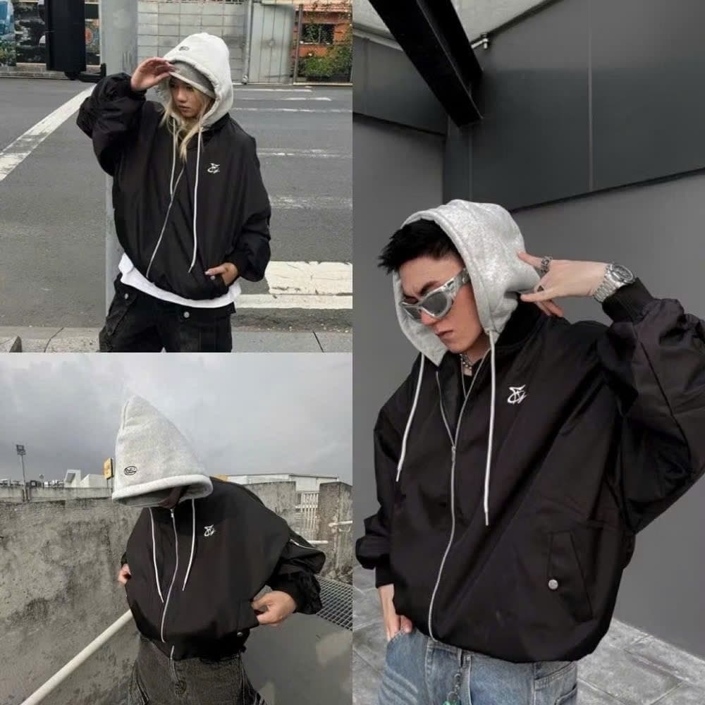 Áo bomber Jacket tay nhún túi hộp mũ phối nỉ nam nữ mặc đôi thời trang hàn quốc
