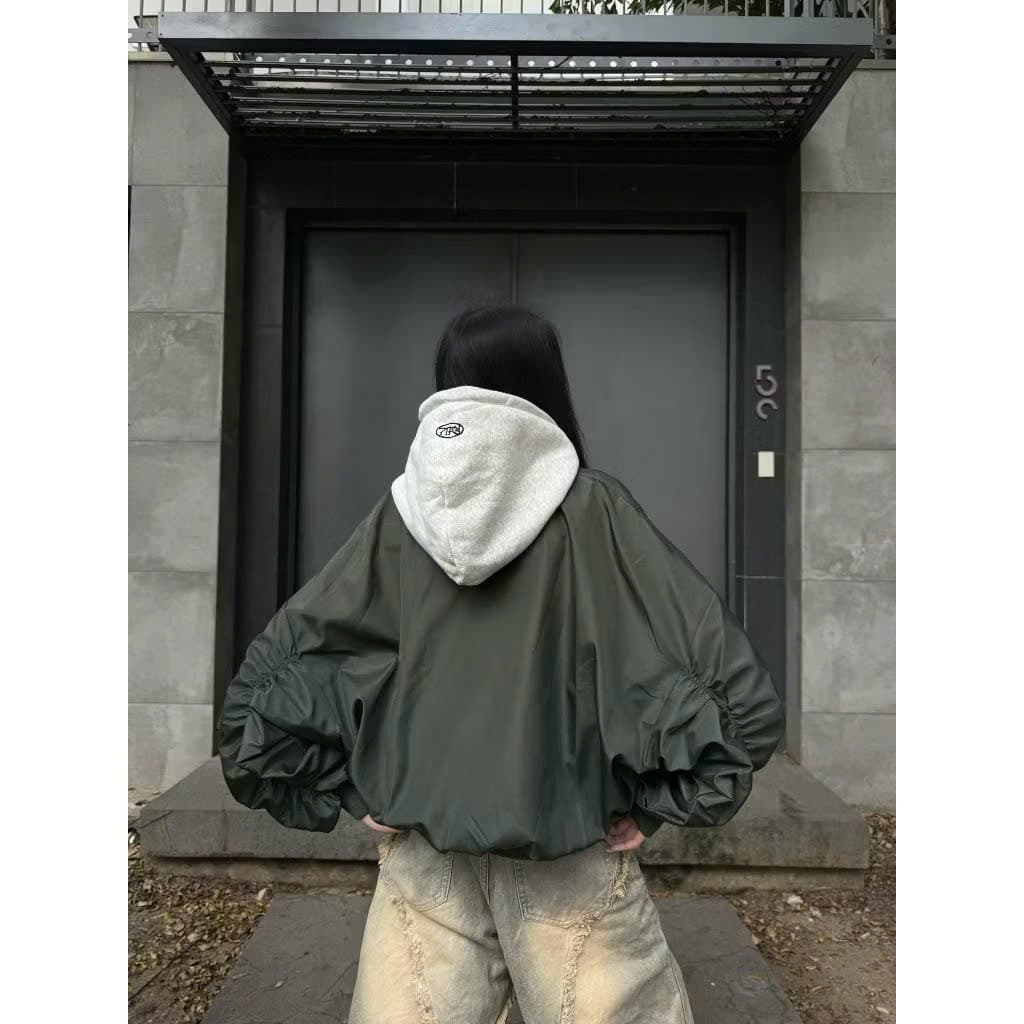 Áo Bomber gió mũ nỉ tay nhún túi hộp thêu logo nam nữ mặc siêu hót tree