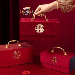 VALI NẠP TÀI NHUNG ĐÍNH CHARM CHỮ HỶ TRÒN - Hộp Đựng Sính Lễ Trang Sức Của Hồi Môn Khóa Gài Đóng Nắp Lễ Cưới Hỏi 1