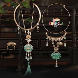 Vòng Cổ Trường Mệnh LỤC BẢO HỒ LÔ - Kiềng Yên Lạc Hán Phục Khánh Đính Ngọc Xanh Cosplay Dây Chuyền Cổ Trang Trung Hoa 1
