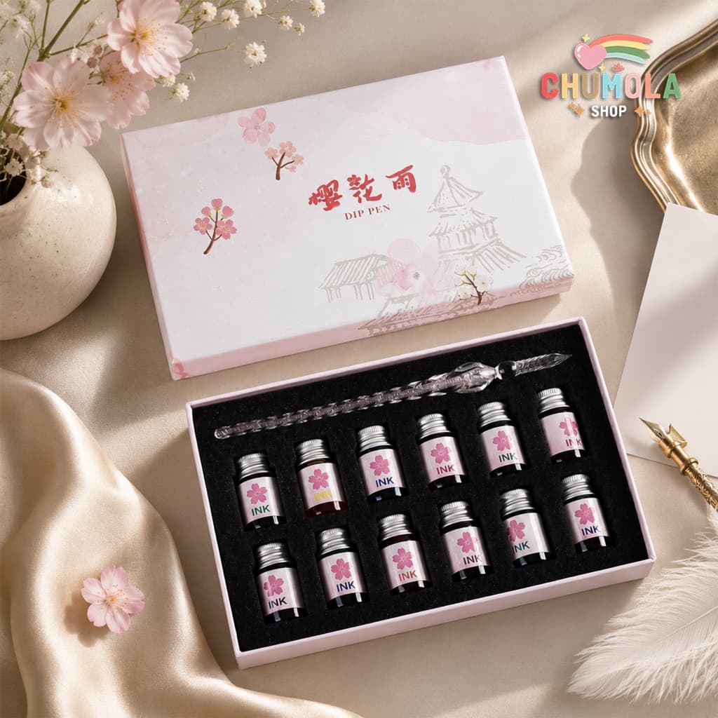 BỘ BÚT THỦY TINH TAM SINH TAM THẾ - Set Dụng Cụ Học Tiếng Trung Hoa Đào Luyện Chữ Kèm 12 Lọ Mực