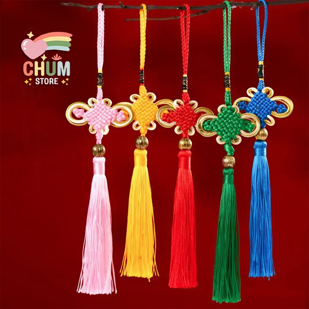 (COMBO 5) Dây Treo Đồng Tâm Kết Viền Vàng May Mắn Kèm Tua Rua Cổ Trang - Phụ Kiện Phong Thủy Bình An Trang Trí Tết