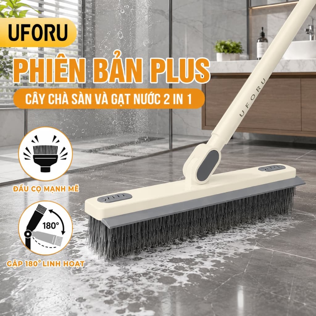 Cây chà sàn nhà tắm kết hợp cây gạt nước 2 trong 1 UFORU đầu lông chổi chữ V gập 180 độ cọ góc kẽ tường tiện lợi - UF779