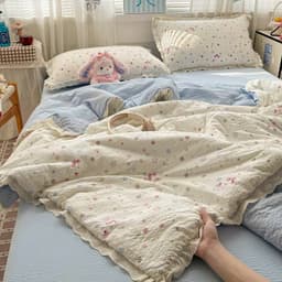 Cotton Đũi Bộ 4 Món Chăn Chần Bông Mix Ren Cotton Đũi Thoáng Mát Có Sẵn Ruột Chăn 5