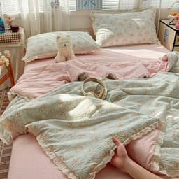 Cotton Đũi Bộ 4 Món Chăn Chần Bông Mix Ren Cotton Đũi Thoáng Mát Có Sẵn Ruột Chăn 8