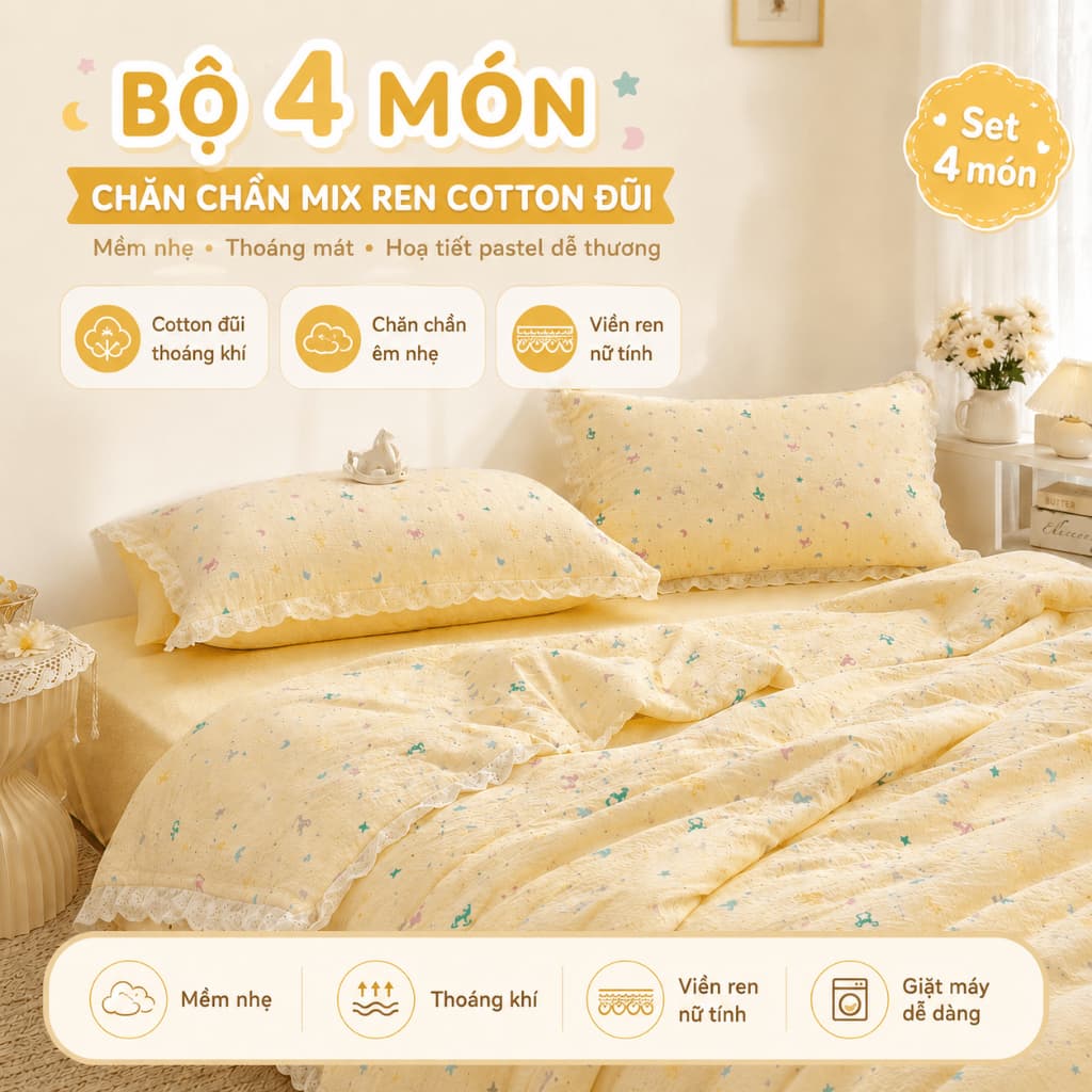 Cotton Đũi Bộ 4 Món Chăn Chần Bông Mix Ren Cotton Đũi Thoáng Mát Có Sẵn Ruột Chăn