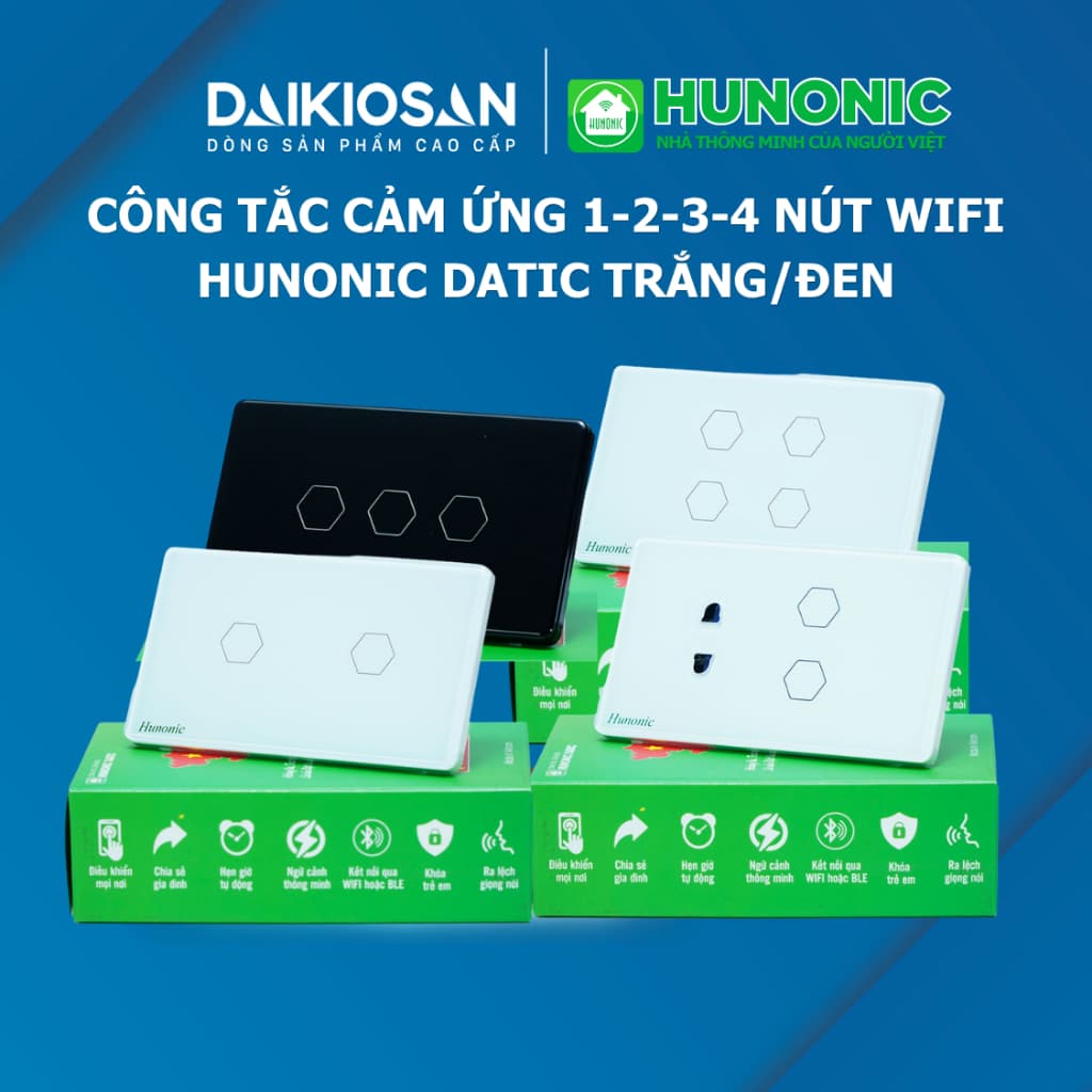 Công Tắc Cảm Ứng Hunonic Datic 1-2-3-4 Nút Kết Nối Wifi Điều Khiển Từ Xa Wifi, Hẹn Giờ Tự Động
