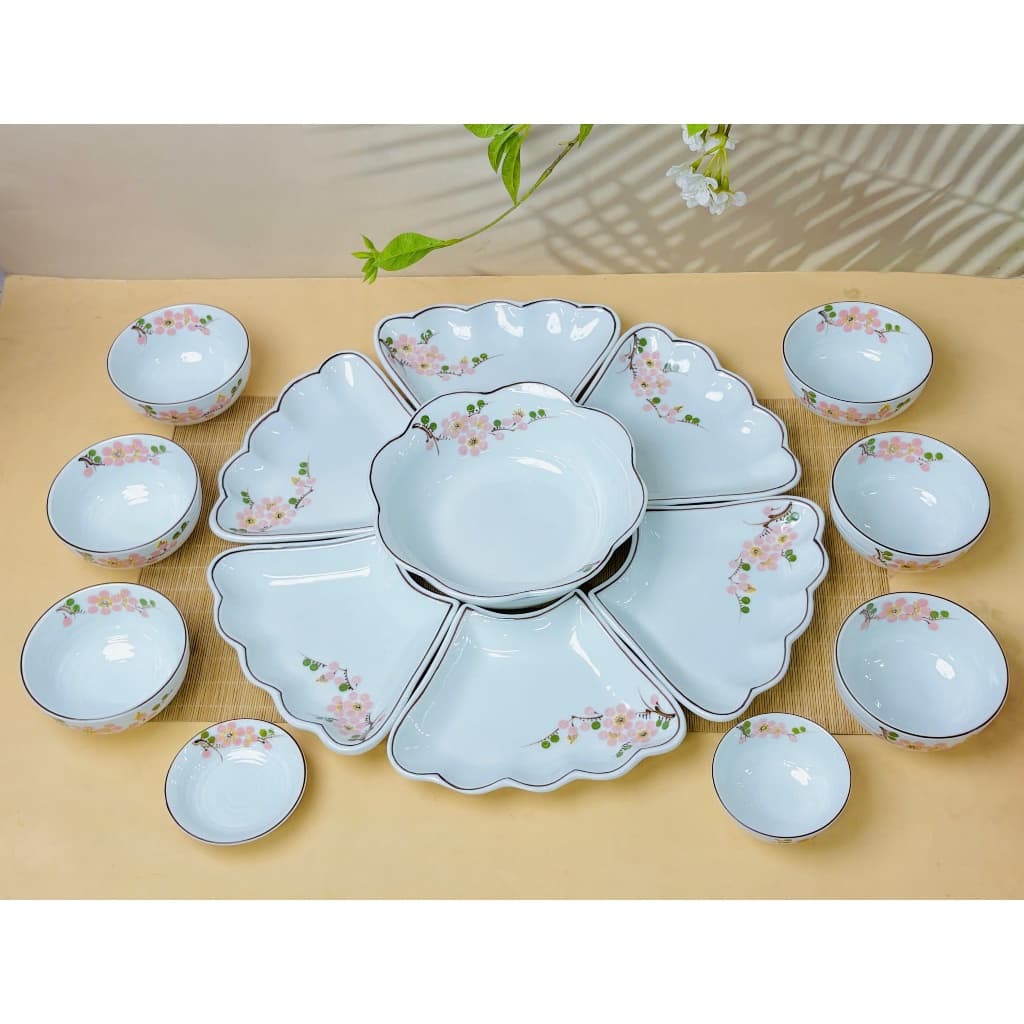 Bộ Bát Đĩa Hoa Mặt Trời Bát Tràng Men Trắng Vẽ Đào Hồng Cao Cấp | Bộ Chén Đĩa Gốm Sứ Gia Đình Đẹp Sang Trọng 15 Món