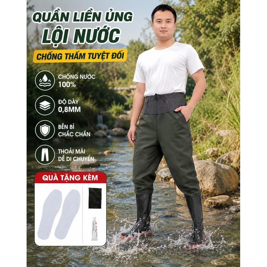 [GIÁ RẺ BẤT NGỜ] Bộ Yếm Lội Nước 2 Lớp Chống Thấm, Size 36-45, Quần Liền Ủng Quần Bảo Hộ Lao Động Đi Ruộng Bắt Cá