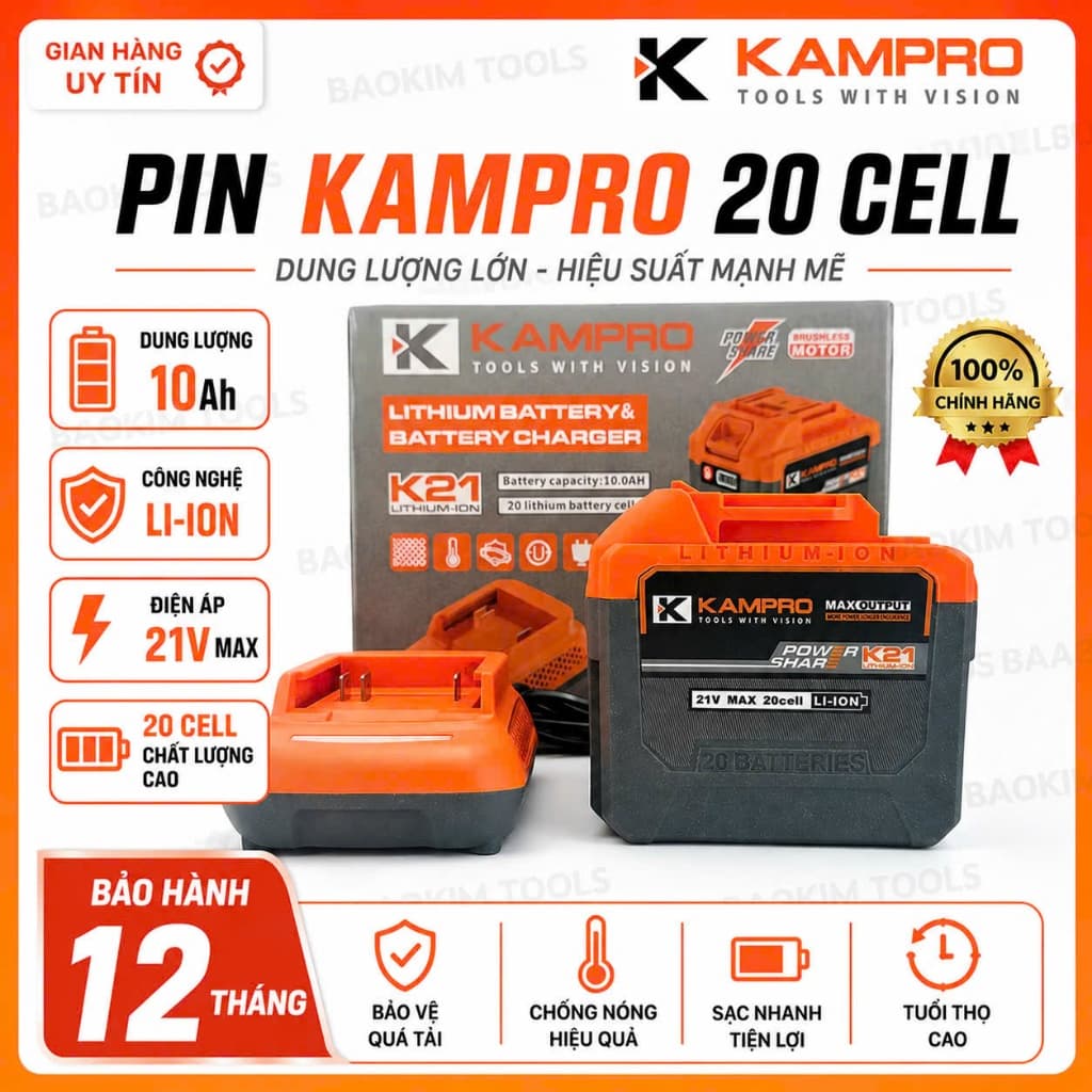 Pin 20 Cell KAMPRO 10Ah Mạch 4 Mosfet, Kèm sạc nhanh, Chân Pin Phổ Thông, Có Đèn Led Báo Pin