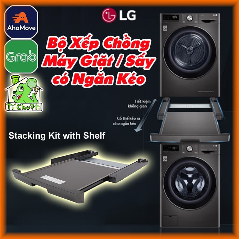 Bộ Kệ Xếp Chồng Máy Giặt Máy Sấy LG Thông Minh có Giá Đỡ Ngăn Kéo Ra Vào Đựng Quần Áo Stacking Kit with Shelf