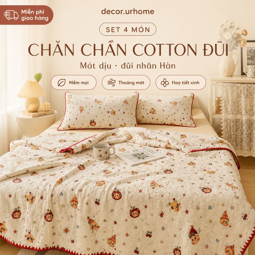 ( TẶNG ÔM )COTTON ĐŨI BỘ 4 MÓN CHĂN CHẦN SẴN RUỘT COTTON ĐŨI THOÁNG MÁT DỆT CHÁM QUANH VỎ CHĂN