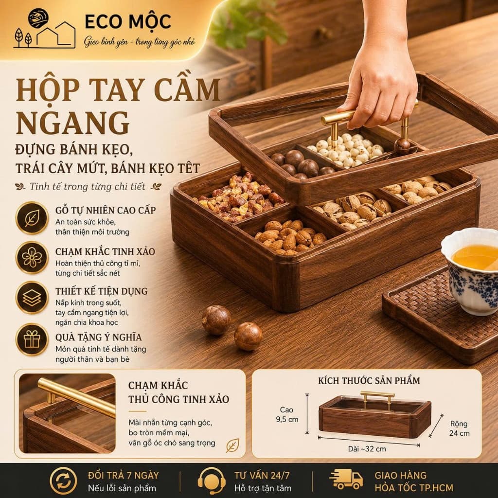 Khay Gỗ Đựng Bánh Mứt Cao Cấp Hộp Gỗ Óc Chó Tự Nhiên Nắp Kính Trưng Bày Bàn Trà Sang Trọng