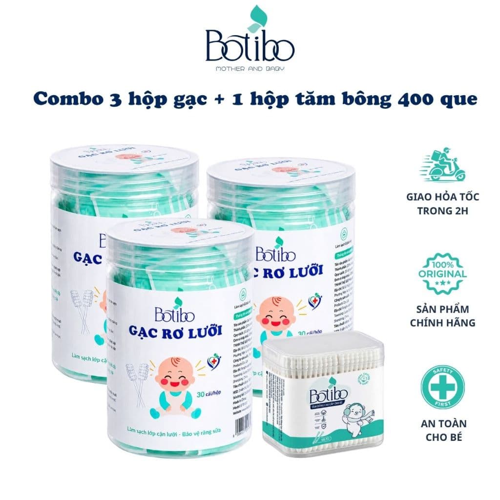 [Combo 3 rơ lưỡi + 1  tăm botibo 400] Hộp 30 Rơ lưỡi que gạc lưỡi cao cấp Botibokids lõi giấy an toàn cho bé