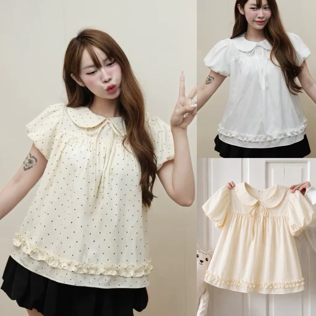 [Peinn] [MỞ BÁN] Áo Babydoll cổ sen peterpan tay bồng tiểu thư 2 lớp viền bèo siêuxinh vải gió sần mịn mát cho nữ m6612