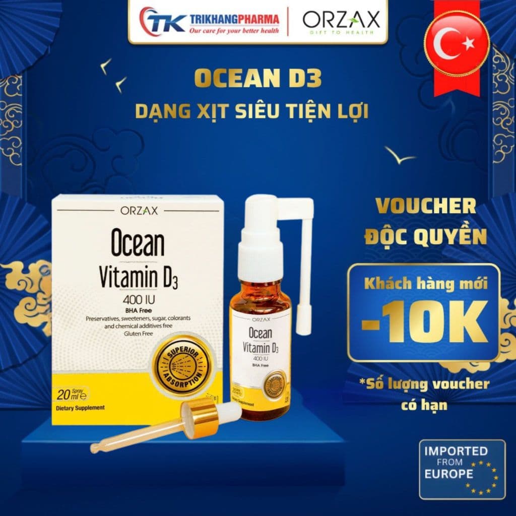 Xịt Vitamin D3 Ocean Orzax Lọ 20ml hỗ trợ phát triển chiều cao tăng sức đề kháng cho bé nhập khẩu chính hãng Châu Âu