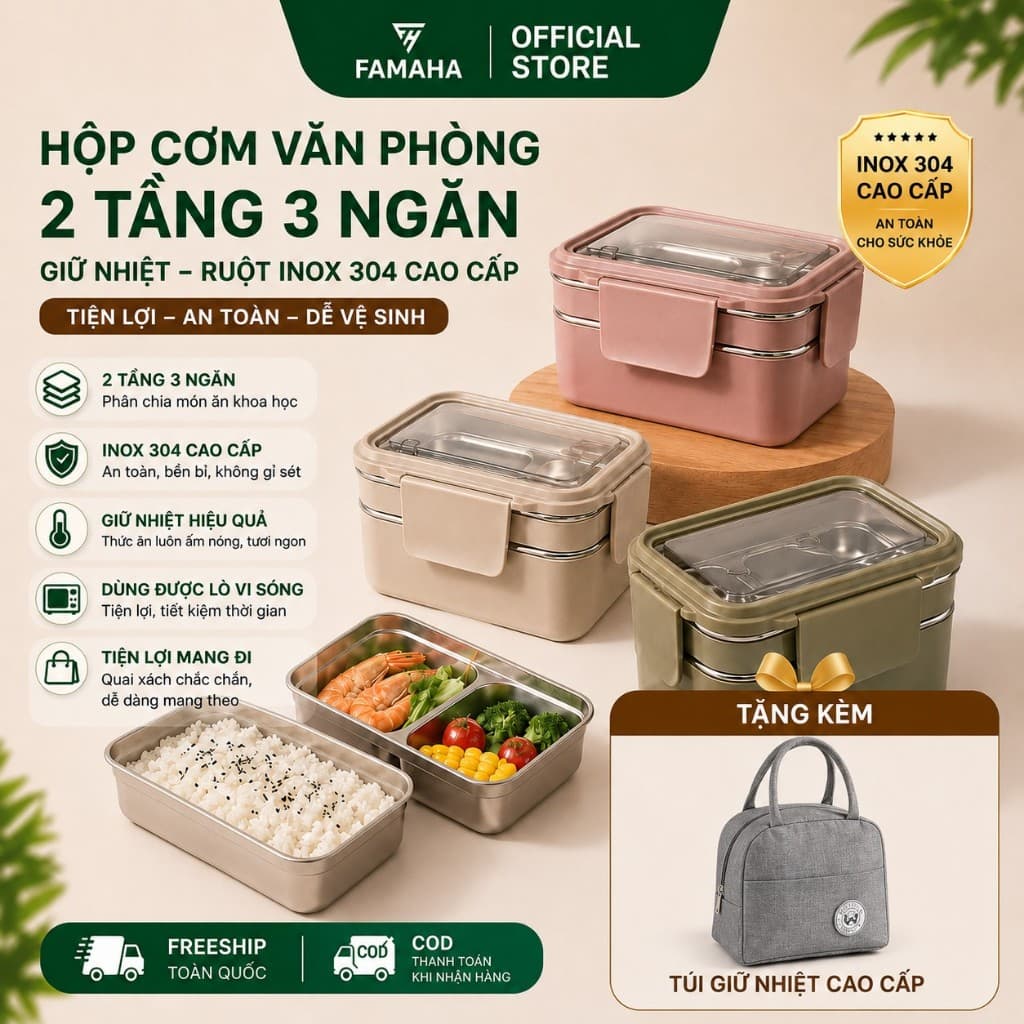 Hộp cơm văn phòng FAMAHA giữ nhiệt tốt, chia ngăn gọn gàng, dễ vệ sinh, quay được lò vi sóng.