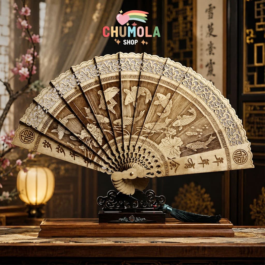 ( BẢN ĐẸP) Quạt Xếp Gỗ Thơm Cổ Phong Khắc Hoa Văn Cổ Trang Trung Hoa - Phụ Kiện Cầm Tay Cung Đình Sang Trọng Tao Nhã