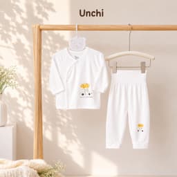 BD9. Bộ Sơ Sinh Dài Tay CẠP CAO TRẮNG UNCHI Vải Petit Mềm Mịn Mỏng Mát Cho Bé 3-9kg 1