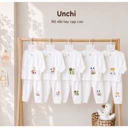 BD9. Bộ Sơ Sinh Dài Tay CẠP CAO TRẮNG UNCHI Vải Petit Mềm Mịn Mỏng Mát Cho Bé 3-9kg 2