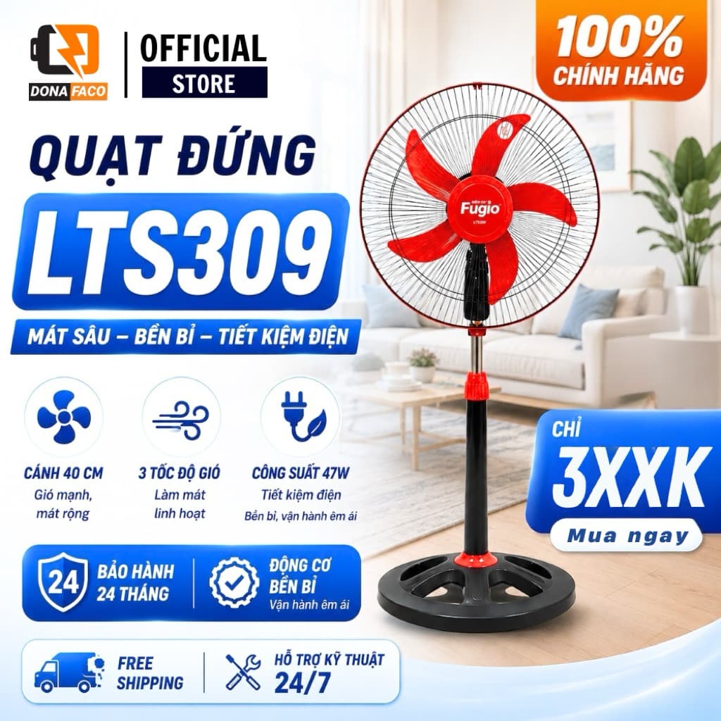 | Hỏa tốc | quạt lửng công nghiệp LCN309 Fugio gió mạnh cao 1m công suất 43w, 5 cánh 40cm chính hãng