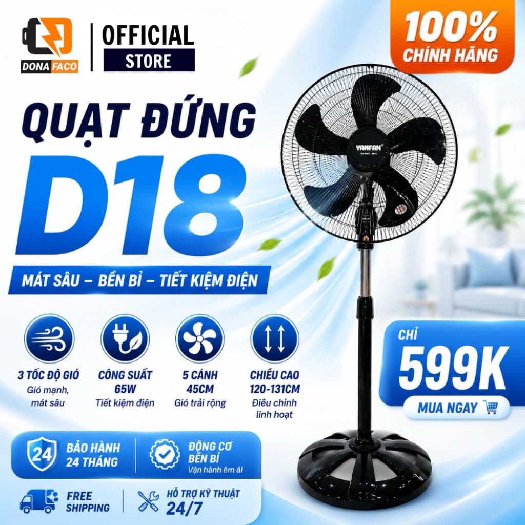 Quạt Đứng Công Nghiệp YanFan D18 màu đen 5 cánh gió mạnh công xuất 65W chính hãng