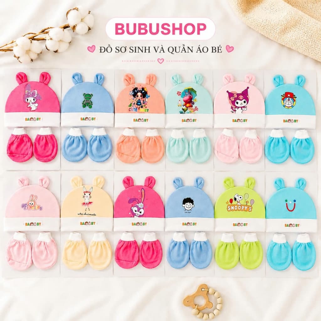 Combo mũ bao tay bao chân cho bé sơ sinh chất cotton