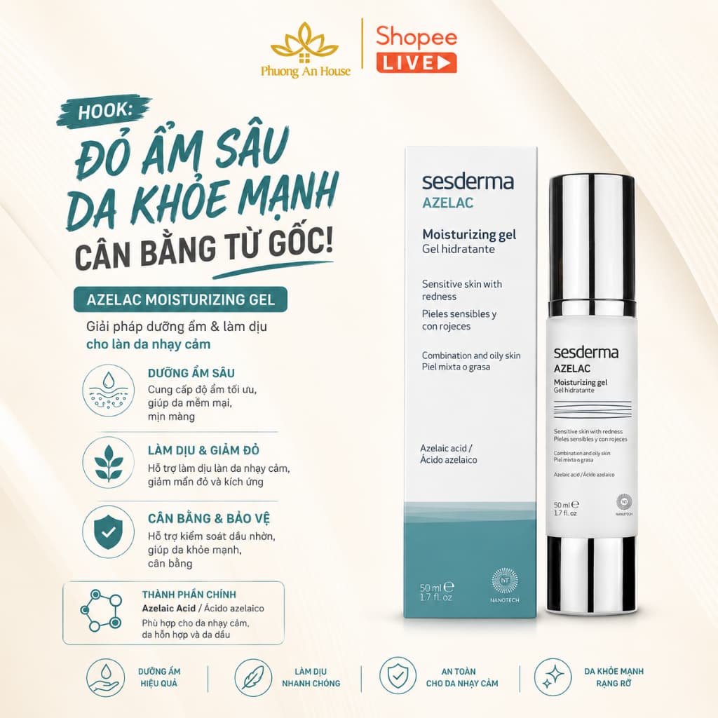 Gel Dưỡng Ẩm Chống Oxy Hóa Cho Da Dầu Nhạy Cảm Sesderma Azelac Moisturizing Gel 50ml