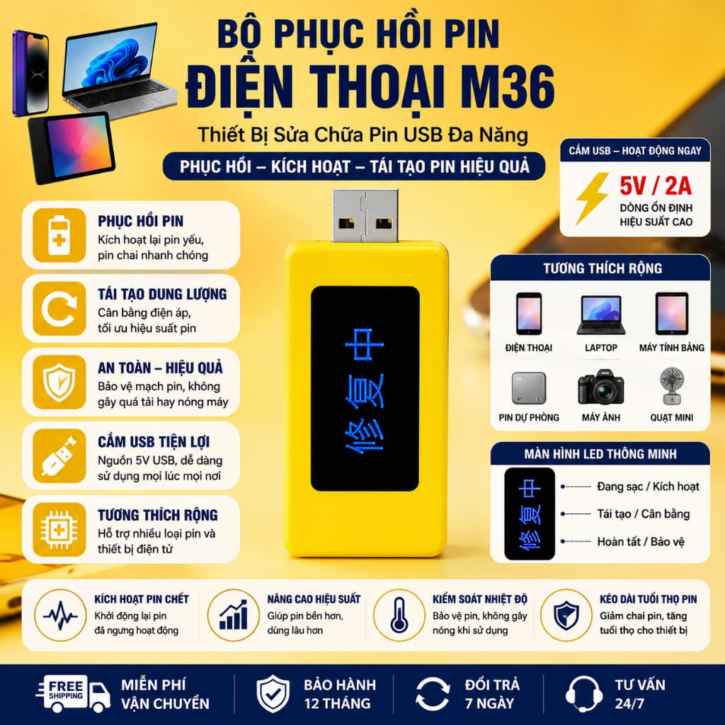 Bộ Phục Hồi Pin Điện Thoại M36, Thiết Bị Sửa Chữa Pin USB Đa Năng Cho Smartphone, Laptop, Máy Tính Bảng