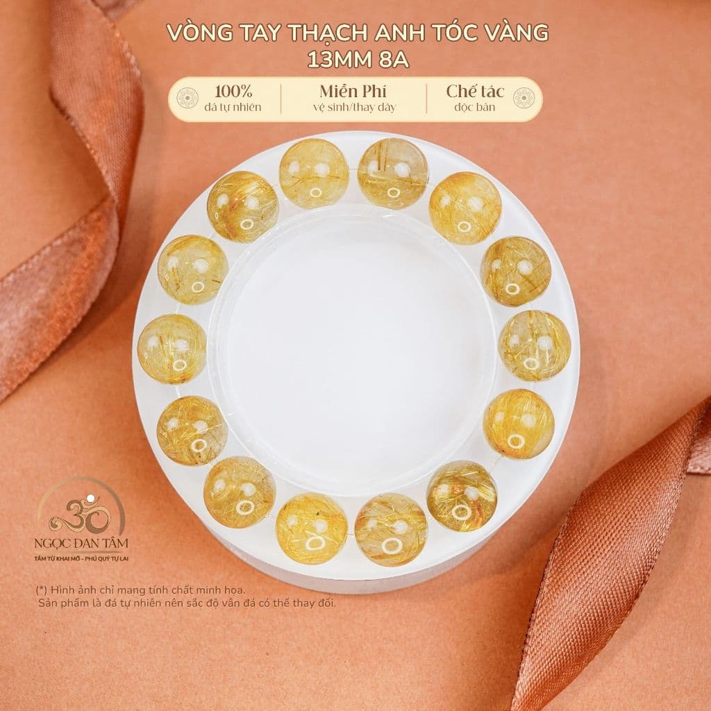Ngọc Đan Tâm - Vòng Tay Thạch Anh Tóc Vàng 13mm 8A - Mệnh Thổ - Mệnh Kim