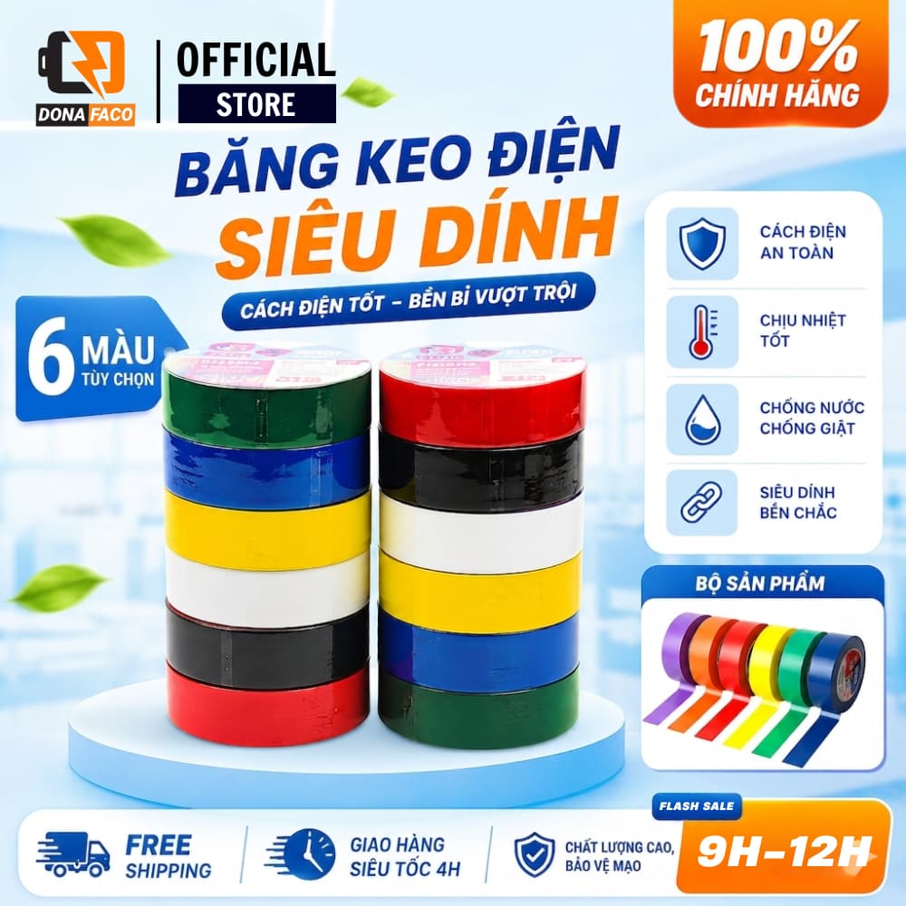 Băng keo điện Nano chính hãng dài 20 ya màu đen, trắng, đỏ, vàng, xanh lá, băng dính điện Nano